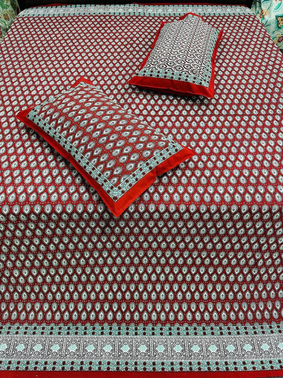 100% Cotton Double Bedsheet with Pillow Covers – Red Traditional Print, Size 100x108 Inches