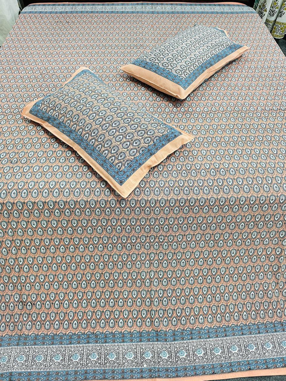 Premium Cotton Double Bedsheet with Pillow Covers – Beige & Blue Ethnic Print | Size 100x108 Inches