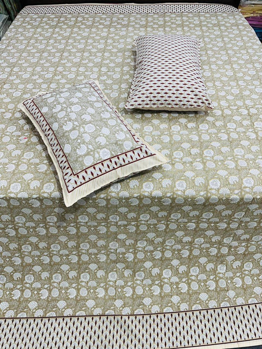 100% Cotton Double Bedsheet with Pillow Covers – Beige Floral Print, Size 100x108 Inches