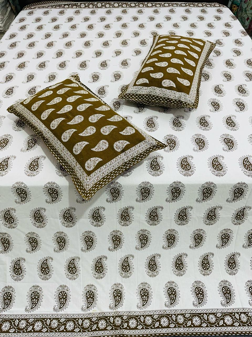 100% Cotton Double Bedsheet with Pillow Covers – Brown Paisley Print, Size 100x108 Inches