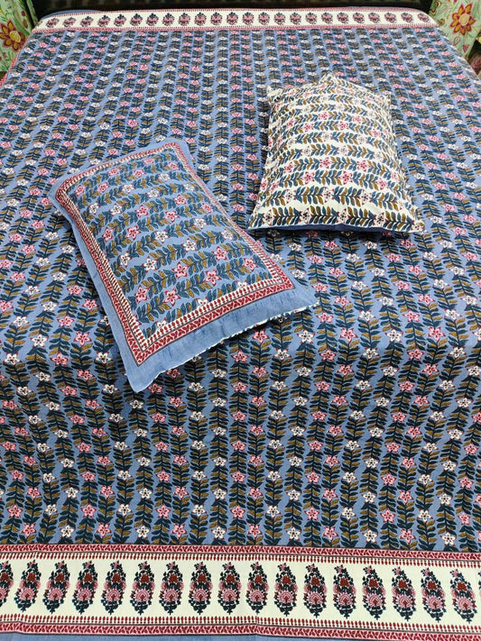 100% Cotton Double Bedsheet with Pillow Covers – Blue Floral Block Print, Size 100x108 Inches