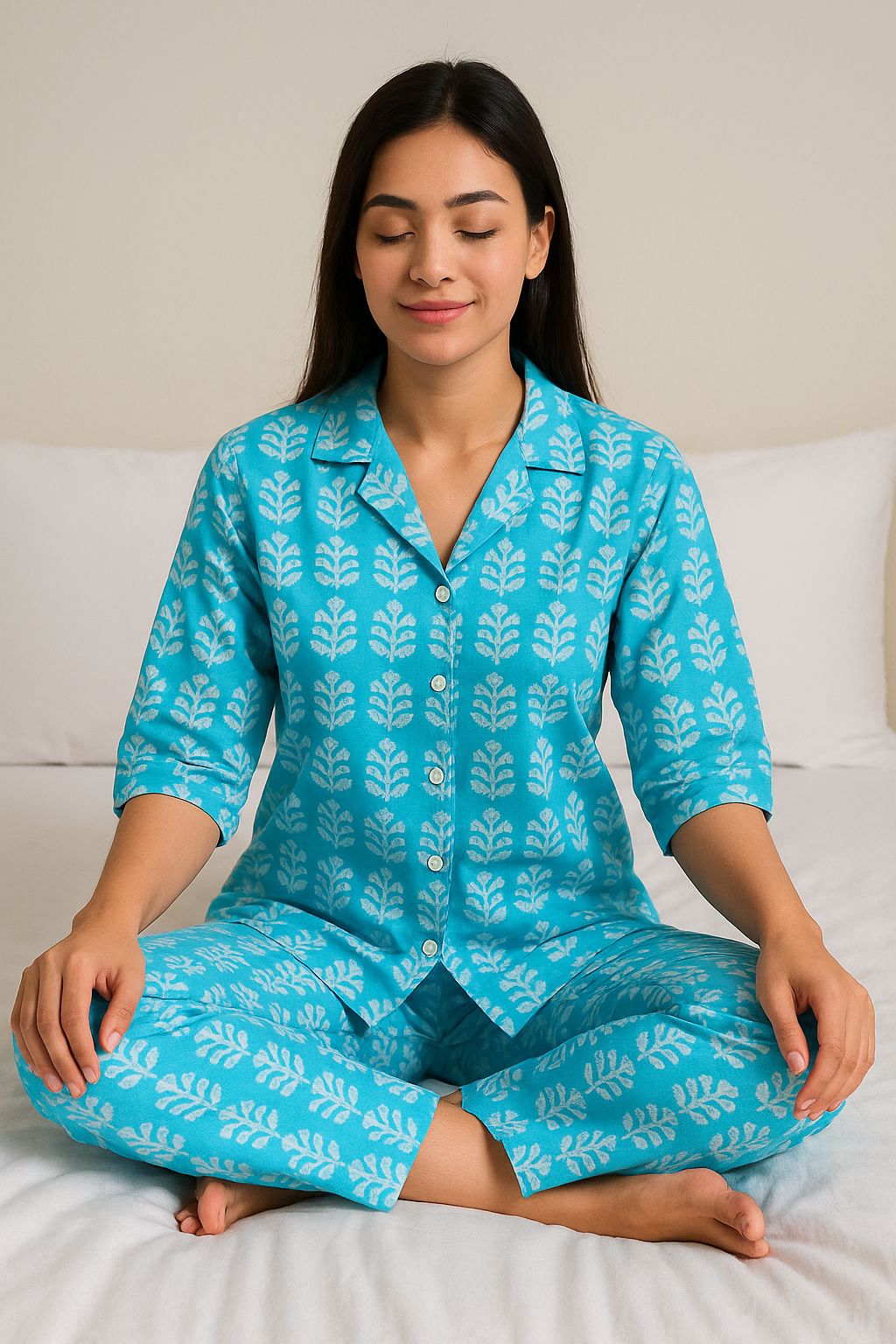 Pure Cotton Printed Women’s Night Suit Set – Sky Blue Comfort Wear