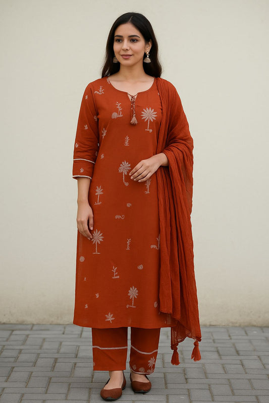 Women’s Rust Cotton Kurti Set with Embroidery – Straight Kurta, Pants & Dupatta