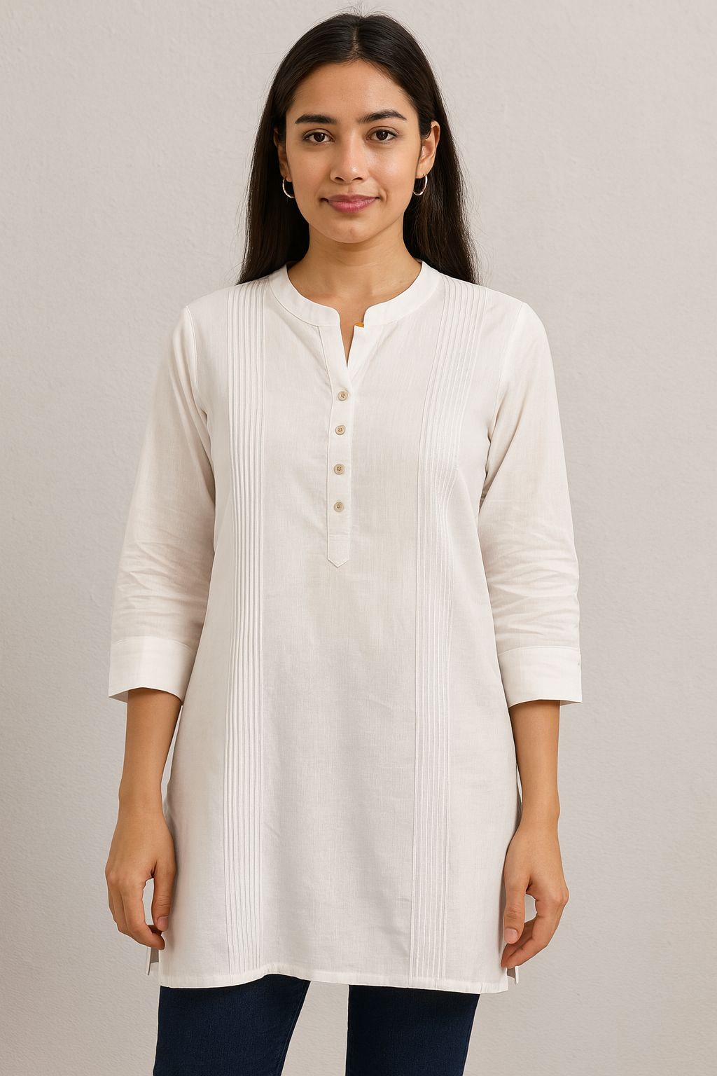 Women’s White Cotton Short Kurti with Mandarin Collar & 3/4 Sleeves – Stylish Everyday Wear