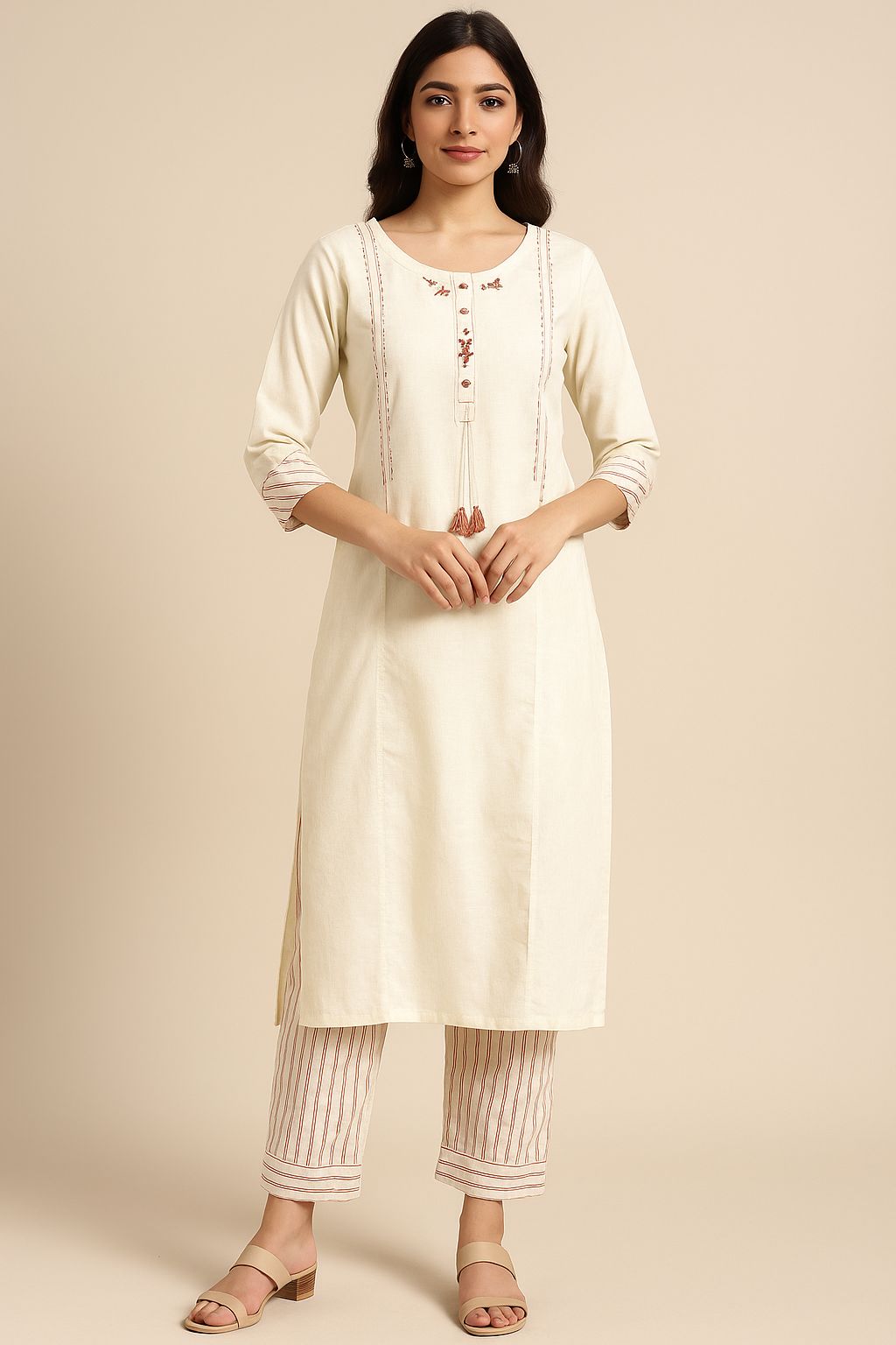 Women’s Off-White Cotton Kurti Set with Striped Pants – Elegant Ethnic Wear for Office & Festive Look