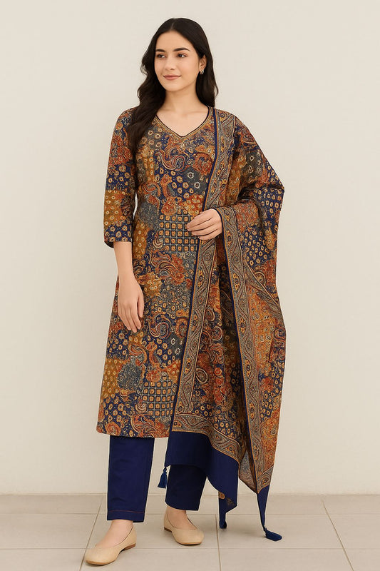 Elegant Ajrakh Print Cotton Kurti Set for Women with Dupatta | Ethnic Wear by Natural Fab