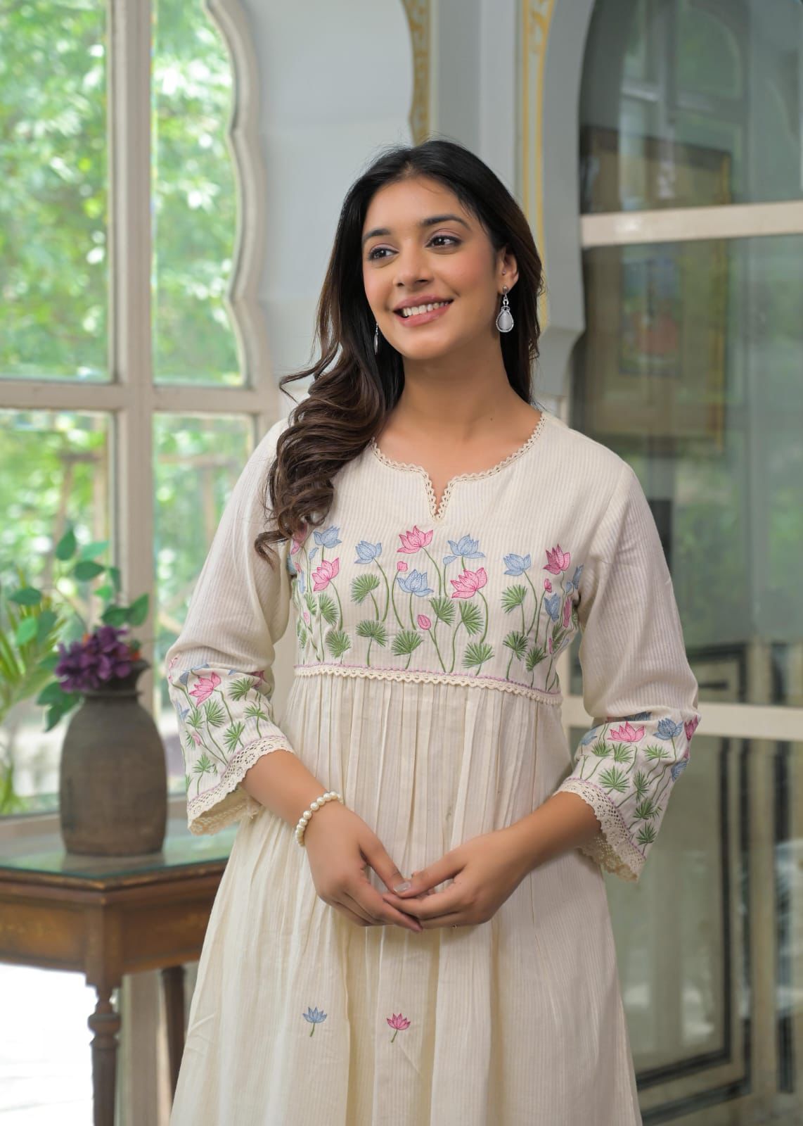 Natural Fab Women’s Off-White Cotton Kurti Set – Hand Embroidered Floral Design with Palazzo | Elegant Festive & Casual Wear