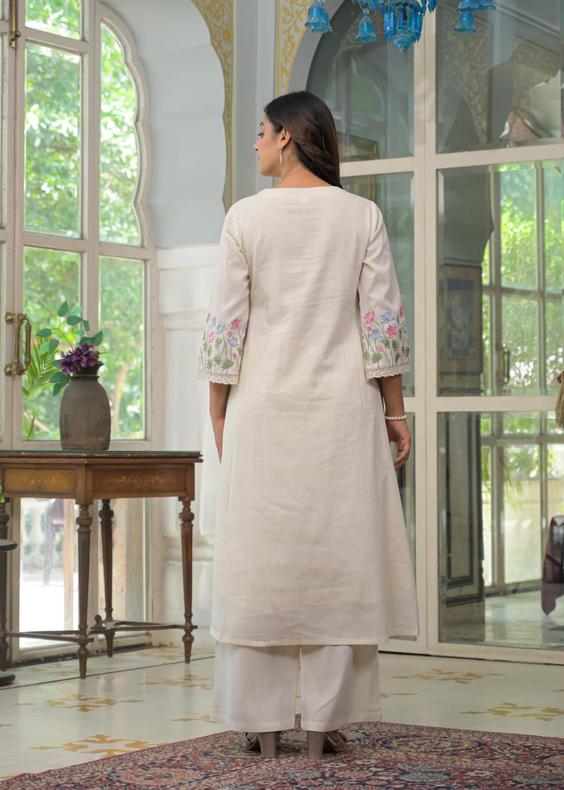 Natural Fab Women’s Off-White Cotton Kurti Set – Hand Embroidered Floral Design with Palazzo | Elegant Festive & Casual Wear