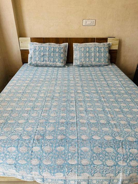 Natural Fab Sky Blue Handblock Printed Cotton Double Bedsheet with 2 Pillow Covers – Soft & Breathable Jaipur Print Bedding Set