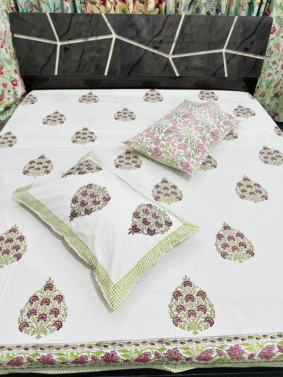 Natural Fab White Cotton Handblock Printed Double Bedsheet with 2 Pillow Covers – Floral Pink & Green Mughal Design