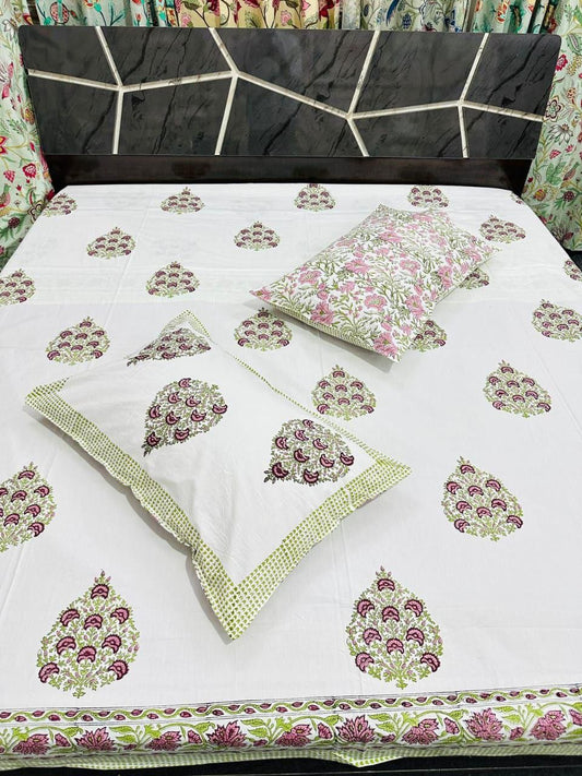 Natural Fab White Cotton Handblock Printed Double Bedsheet with 2 Pillow Covers – Floral Pink & Green Mughal Design