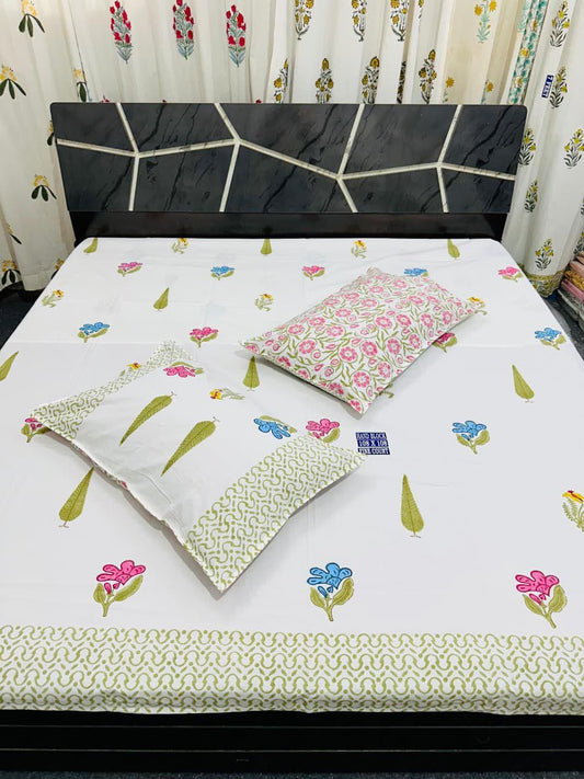 Natural Fab White Cotton Handblock Printed Double Bedsheet with 2 Pillow Covers – Multicolor Floral Design, Soft & Breathable Fabric