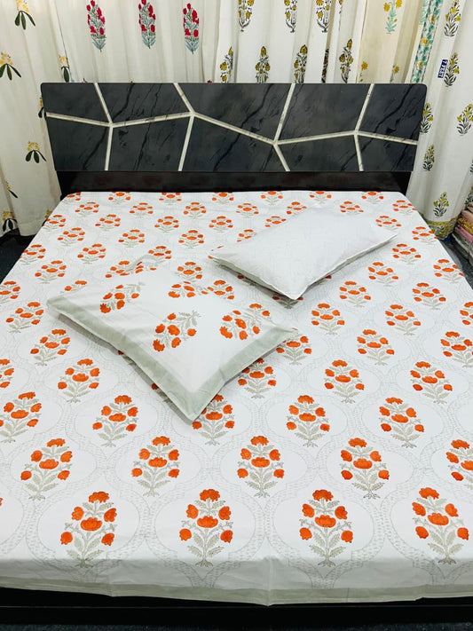 Natural Fab White Cotton Handblock Printed Double Bedsheet with 2 Pillow Covers – Orange Floral Jaipur Print, Soft & Premium Quality