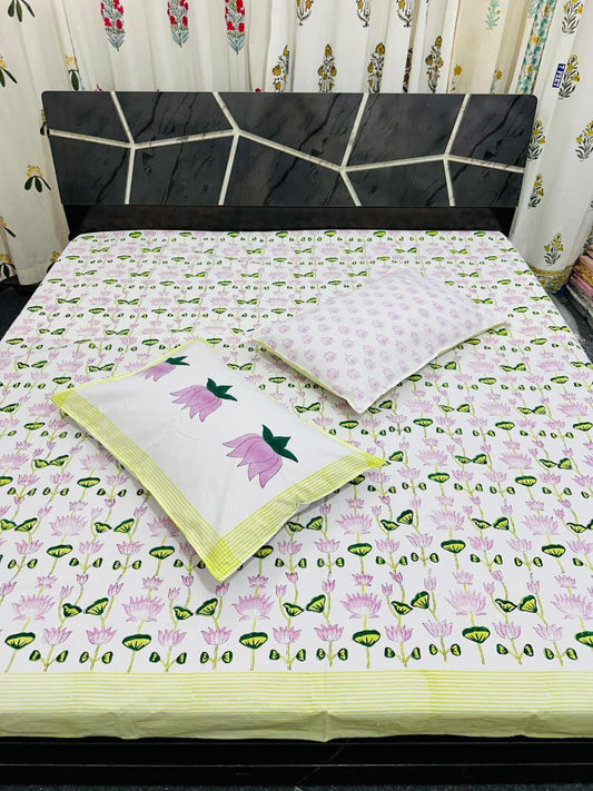 Natural Fab Pink Lotus Handblock Printed Cotton Double Bedsheet with 2 Pillow Covers – Soft & Elegant Floral Print Bedding Set
