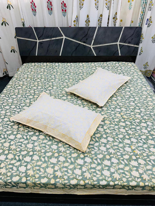 Natural Fab Green Floral Handblock Printed Cotton Double Bedsheet with 2 Pillow Covers – Soft, Premium & Breathable Fabric