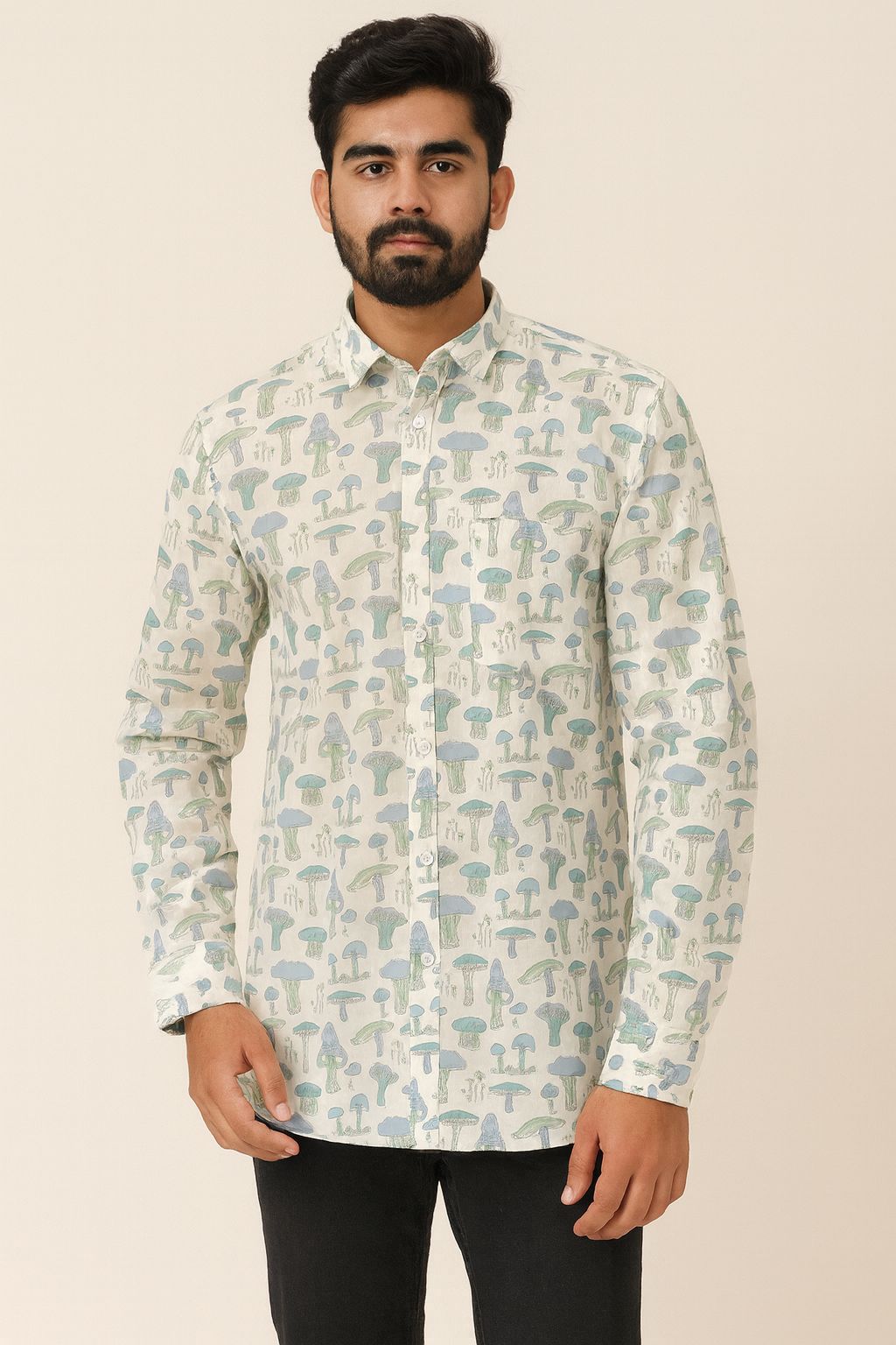 Men’s Pure Cotton Printed Shirt – Full Sleeves | Soft Pastel Mushroom Print | Natural Fab