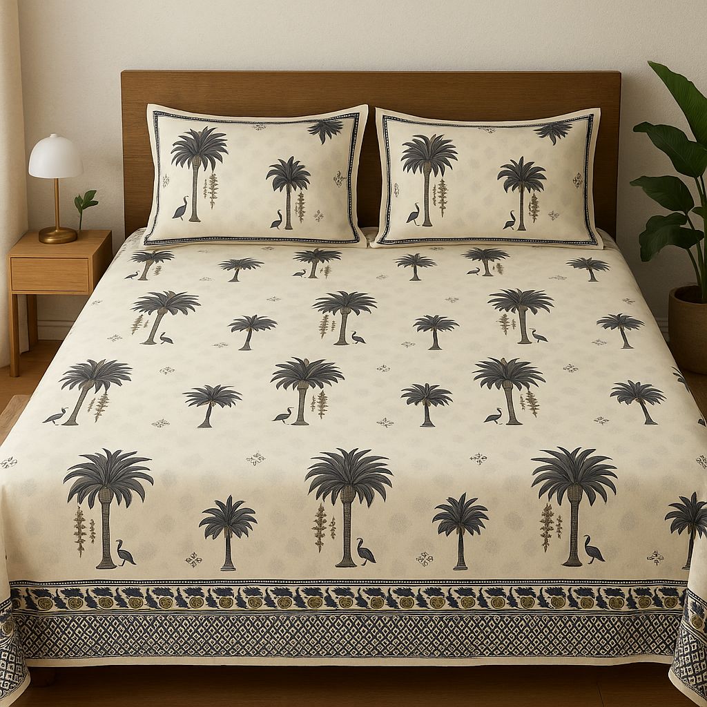 Premium Cotton Palm Tree Printed King Size Bedsheet 108x108 with 2 Pillow Covers – Beige & Black Modern Ethnic Design | Natural Fab