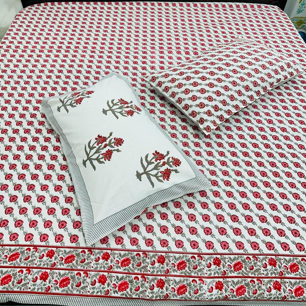Premium Floral Handblock Printed King Size Bedsheet 108x108 with 2 Pillow Covers – Pure Cotton Red Motif | Natural Fab