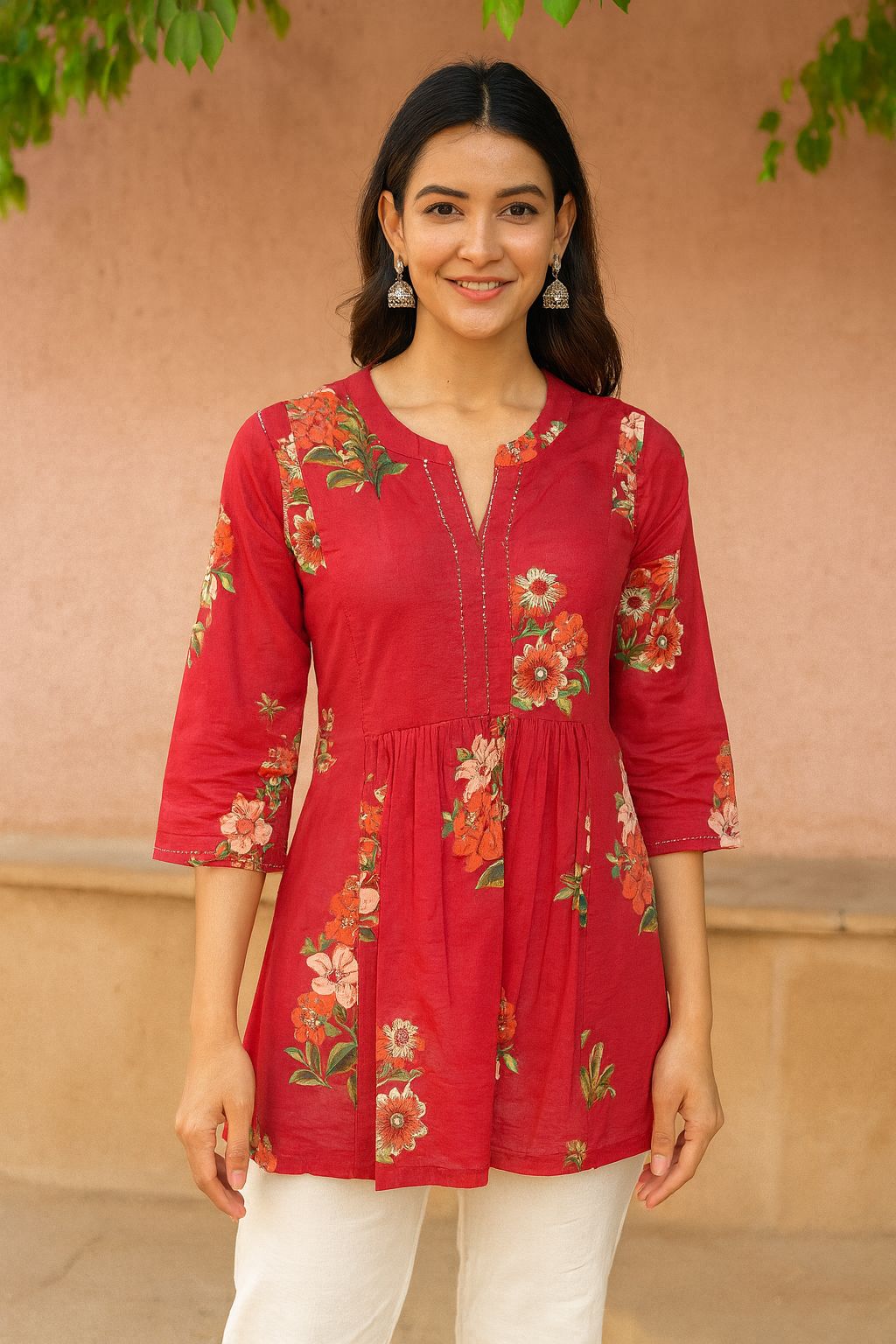 Women’s Red Cotton Short Kurti with Floral Print | Casual Ethnic Top for Daily Wear
