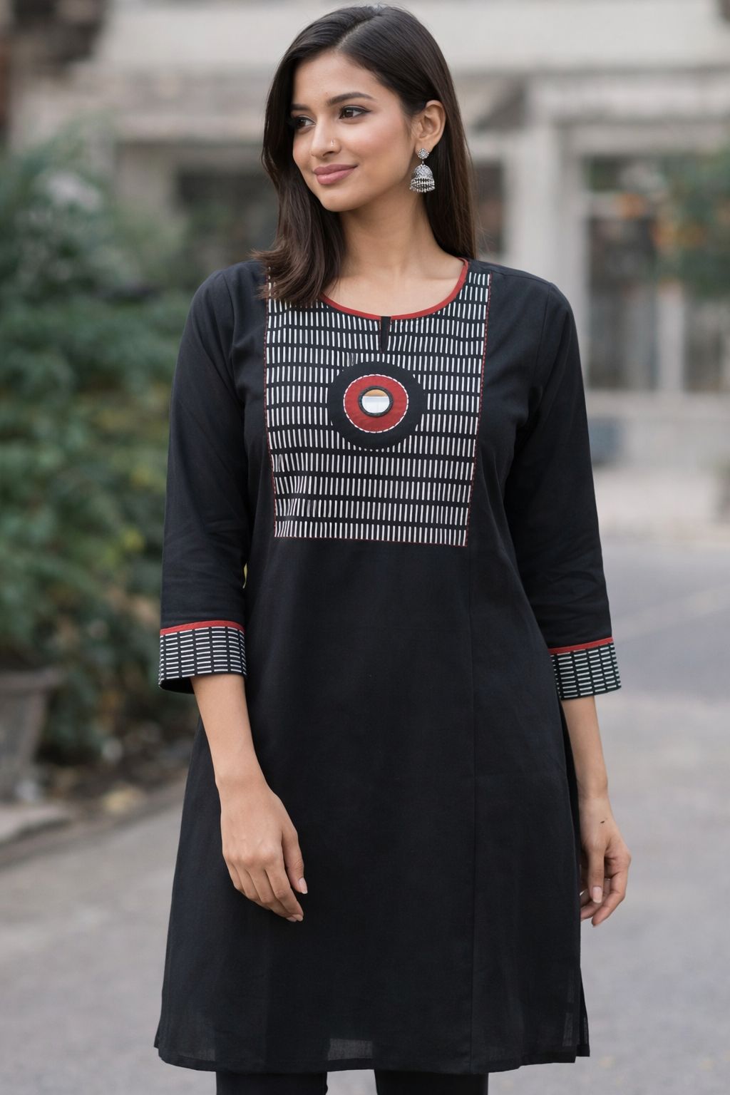 Women’s Black Cotton Short Kurti with Geometric Printed Yoke | Casual & Office Wear Ethnic Tunic