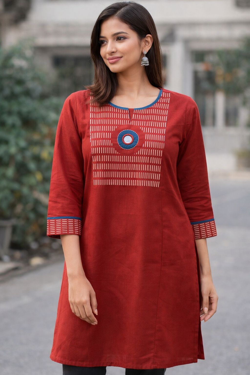 Women’s Rust Red Cotton Short Kurti with Geometric Printed Yoke | Casual & Office Wear Ethnic Tunic