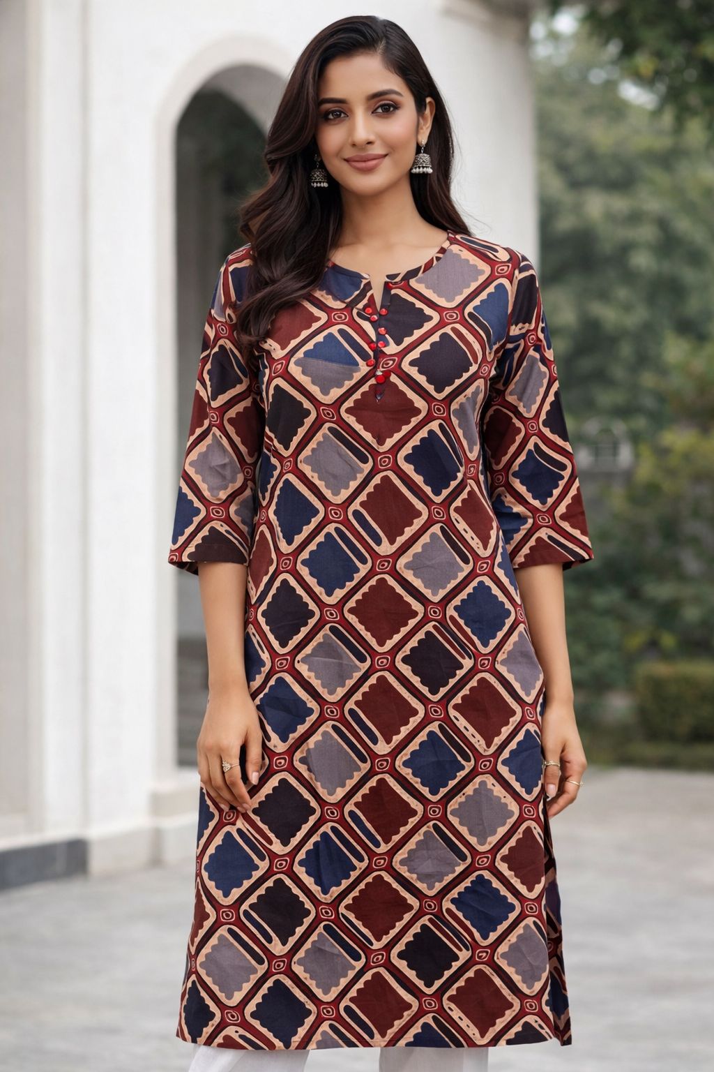 Women Maroon & Navy Blue Printed Cotton Kurti