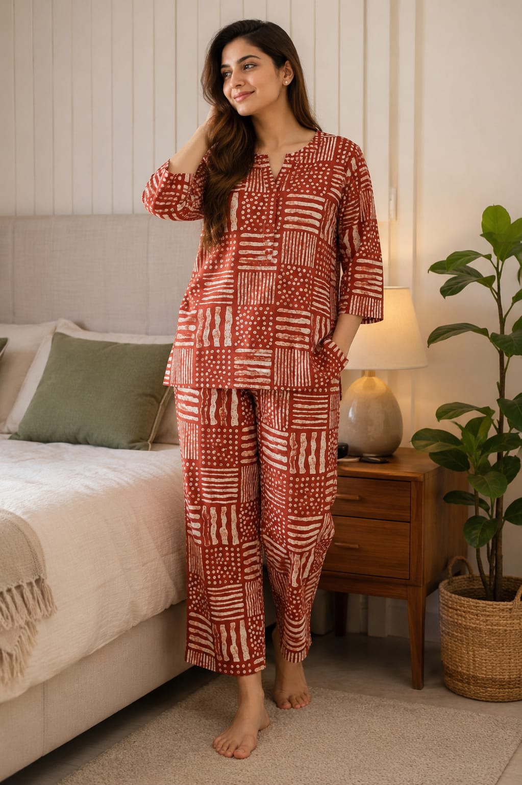 cotton night dress set for women Women's Printed Suit – Rust Red 3/4 Sleeve Top with M – Naturalfab Shoe size:13 it assures a soft romantic lace corset dress long sleeve dress chiffon Organic cotton