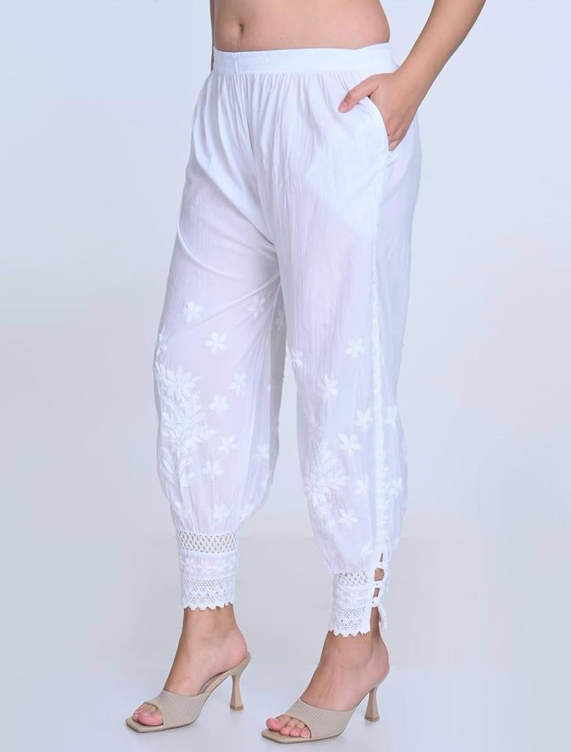 Graceful White Chikankari Embroidered Harem Pants