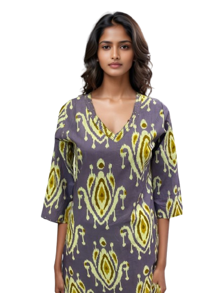 Women’s Print Cotton Kurta – V-Neck, 3/4 Sleeve, Ethnic & Casual Wear