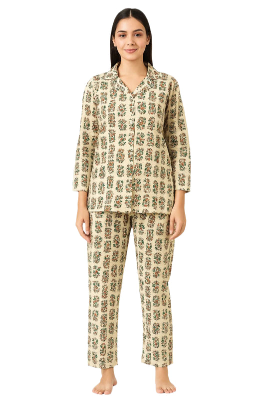 Elegant Beige Handblock Printed Cotton Night Suit