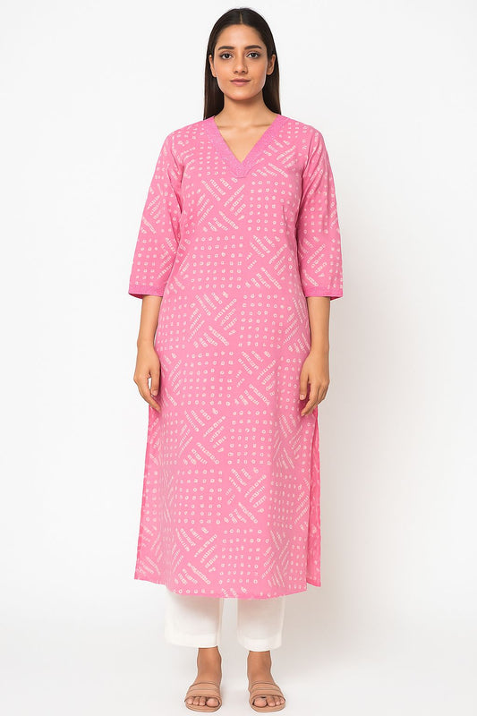 Pink Bandhani Print Cotton Kurta Set for Women – Elegant Ethnic Wear for Everyday Comfort