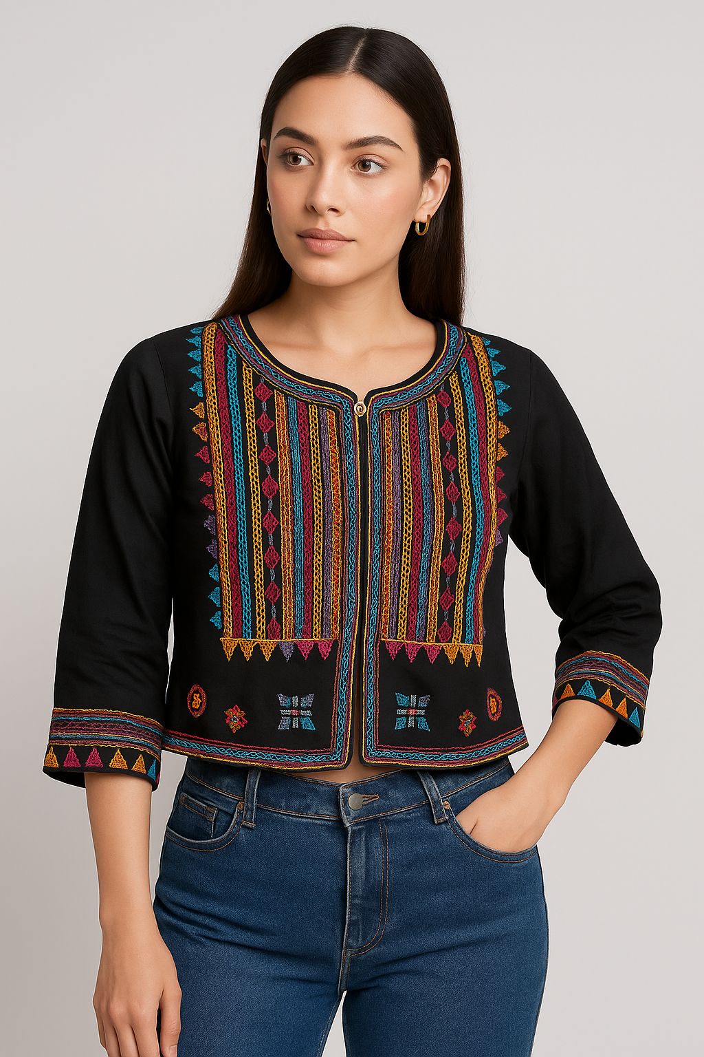 Crop Jacket with Intricate Embroidery BLACK