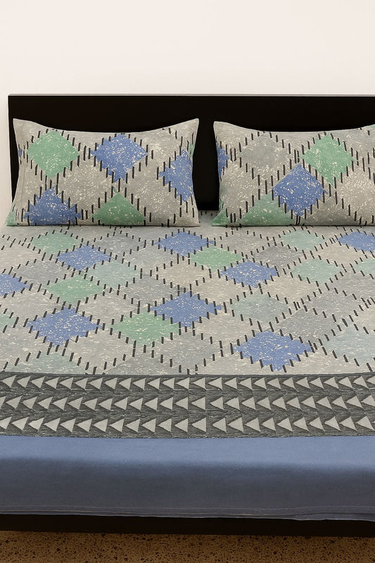 Elegant Grey & Blue Cotton Double Bedsheet Set – Minimal Diamond Print with Pillow Covers