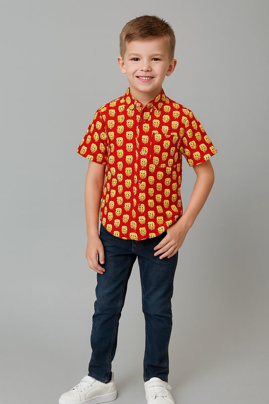 Bright Red Printed Cotton Shirt for Kids