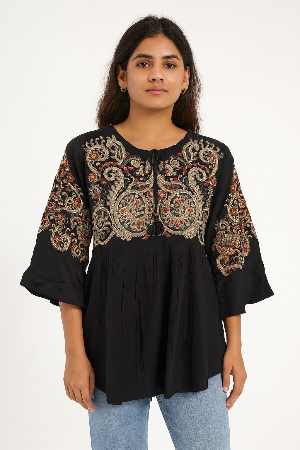 Black Cotton Hand-Embroidered Top for Women – Ethnic Boho Tunic with 3/4 Flared Sleeves