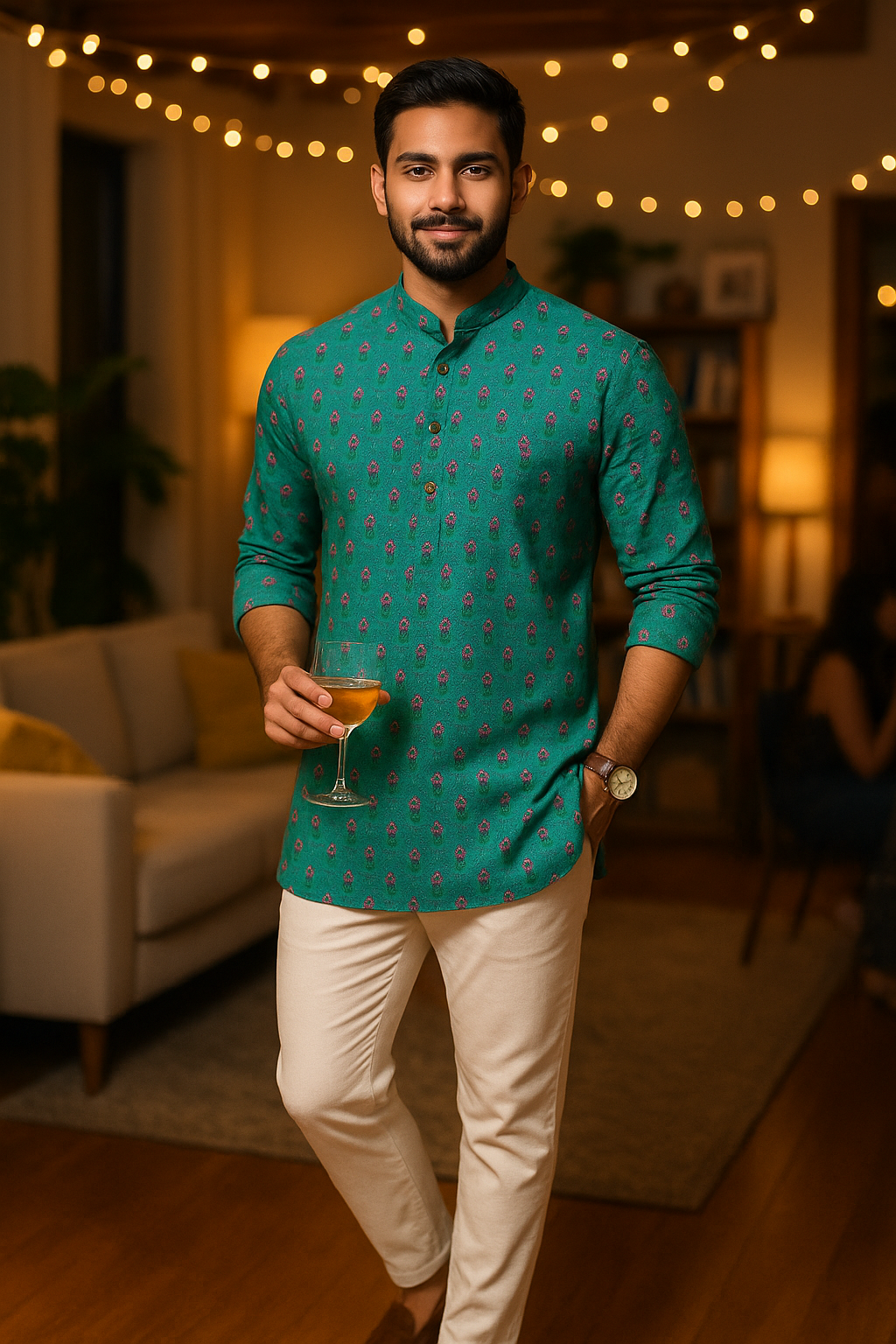 Dark Green Printed Cotton Kurta for Men