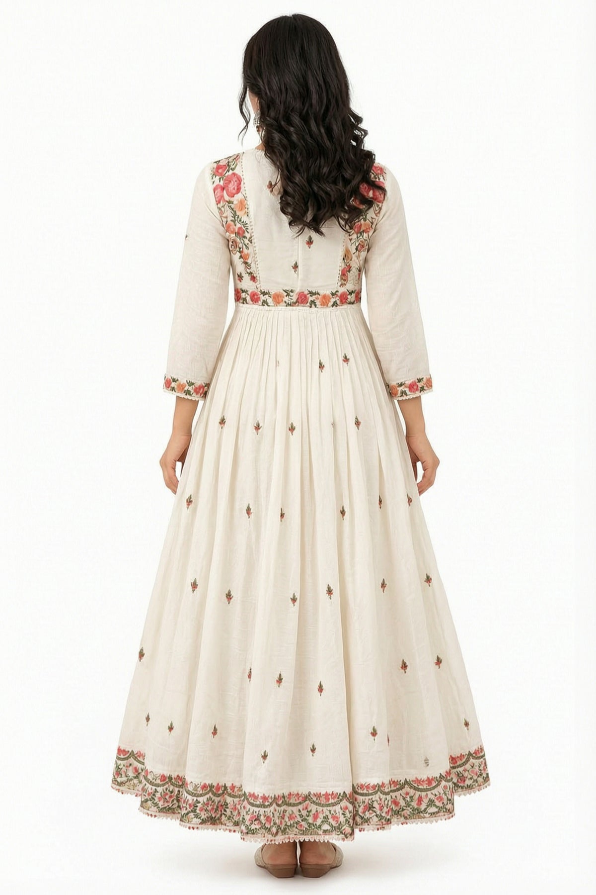 Natural Fab Women’s Ivory Mal Cotton Floral Anarkali Kurti Set with Dupatta & Angrakha-Style Neck