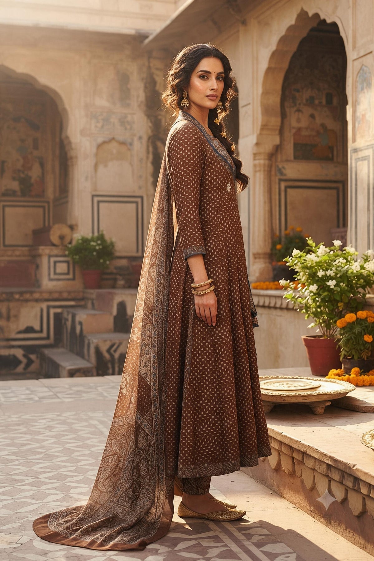 Natural Fab Women’s Brown Ethnic Printed Anarkali Kurti Set with Pants & Dupatta – 3 Piece