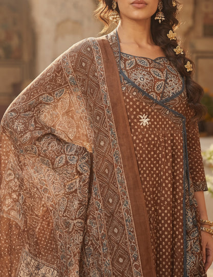 Natural Fab Women’s Brown Ethnic Printed Anarkali Kurti Set with Pants & Dupatta – 3 Piece