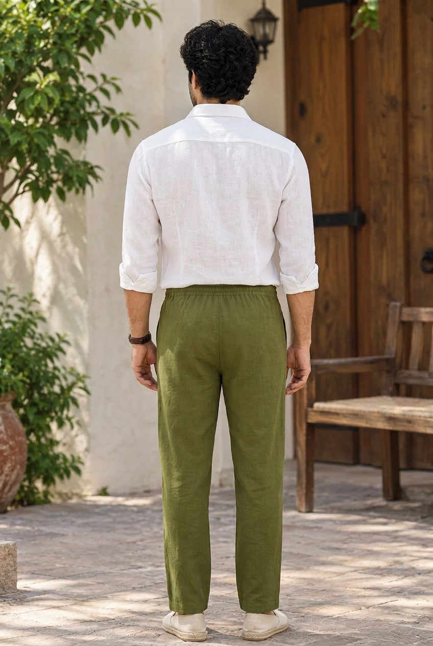 Men's Olive Green Linen-Blend Trousers – Relaxed Fit Drawstring Waist Casual Pants