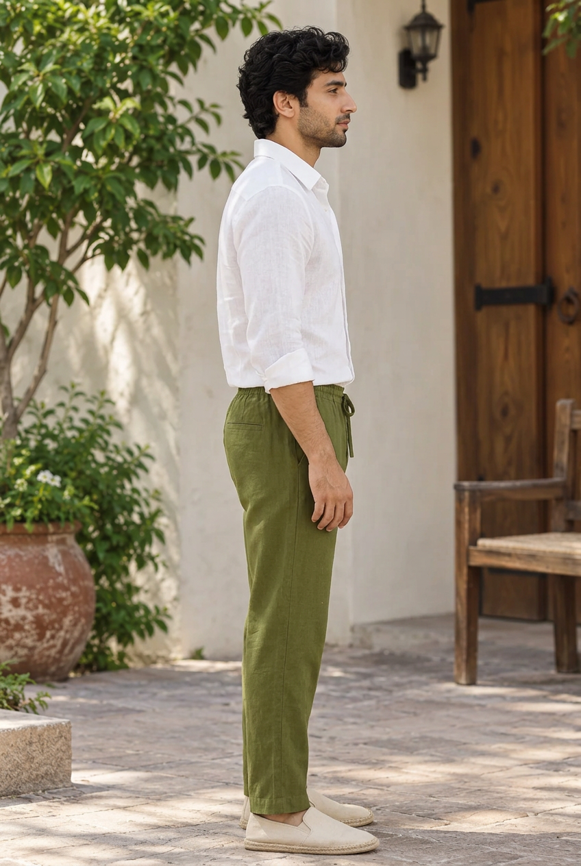 Men's Olive Green Linen-Blend Trousers – Relaxed Fit Drawstring Waist Casual Pants