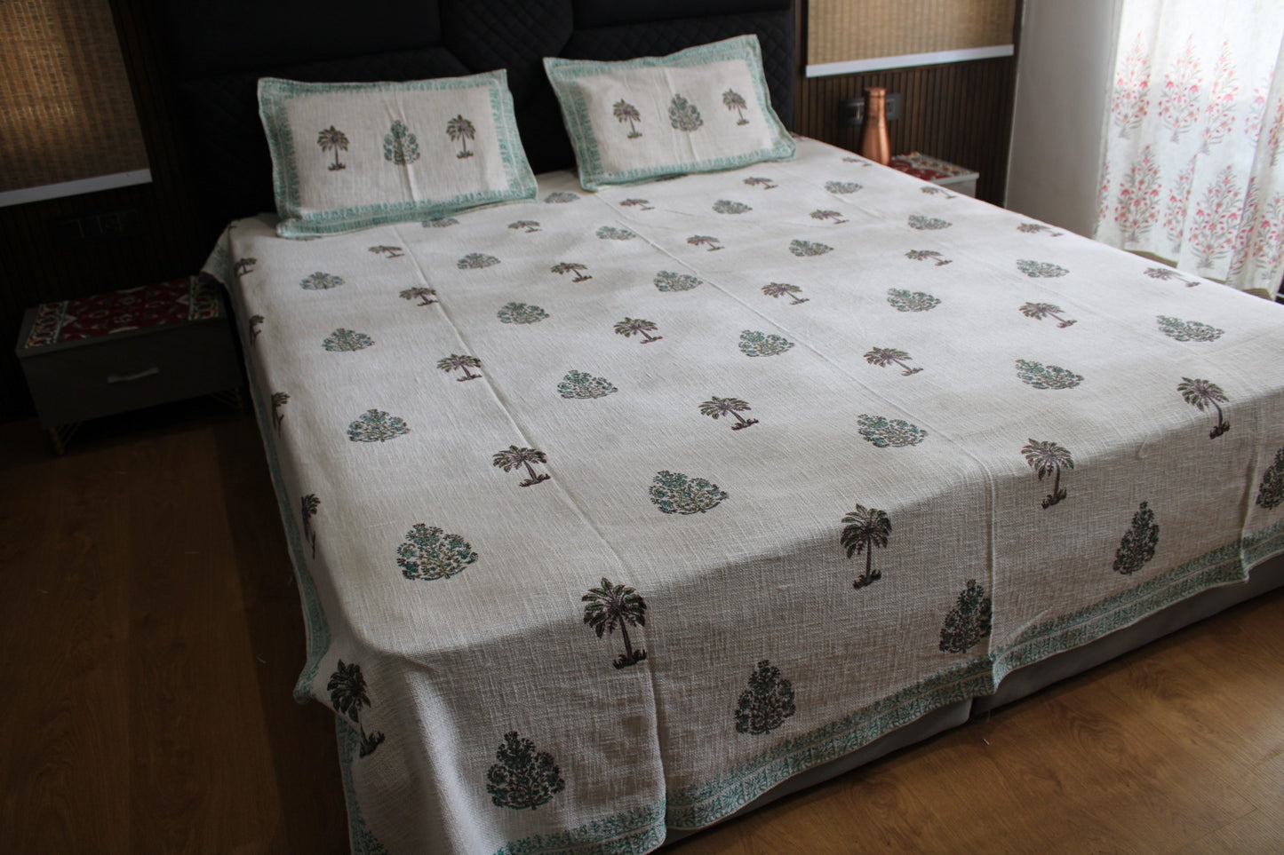 Handcrafted Jute Bedsheet with Elegant Tree Motif Print