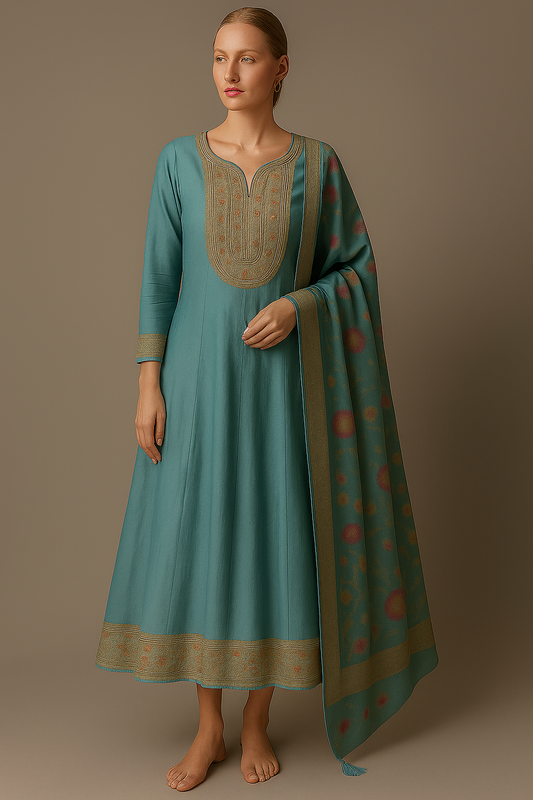 Teal Blue Ethnic Long Dress with Embroidered Yoke & Dupatta – Festive Women’s Wear
