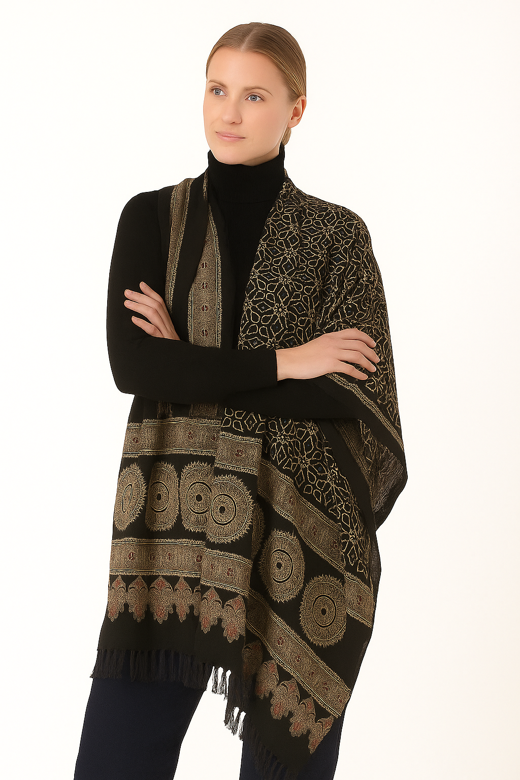 Handcrafted Black Ajrakh Print Silk Stole