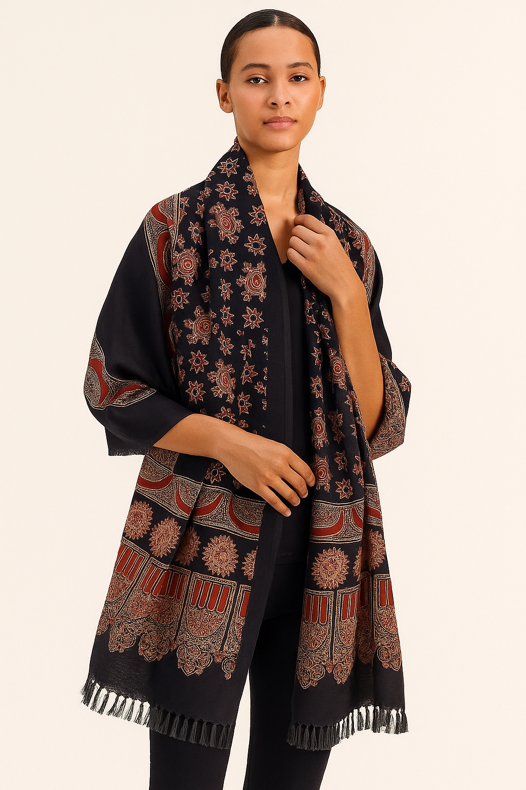 Handcrafted Navy Blue Ajrakh Silk Stole with Red Traditional & Tassel Edges