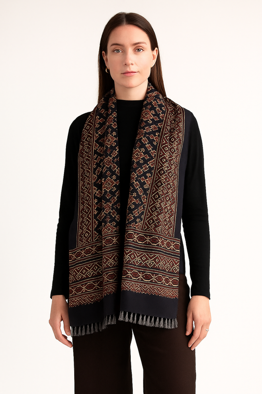 Handcrafted Ajrakh Silk Stole in Black & Maroon | Traditional Geometric Tassels