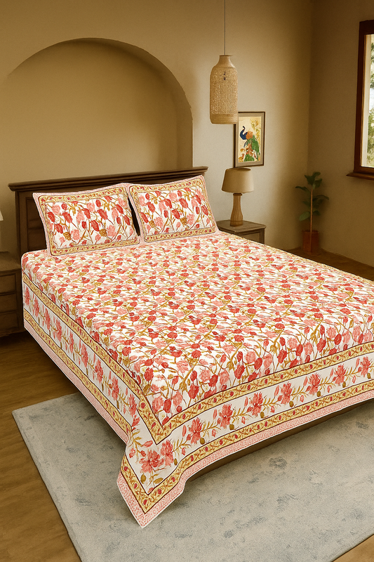 Bagru Inspired Bedsheet – Screen Print Double Bed Set with Pillow Covers