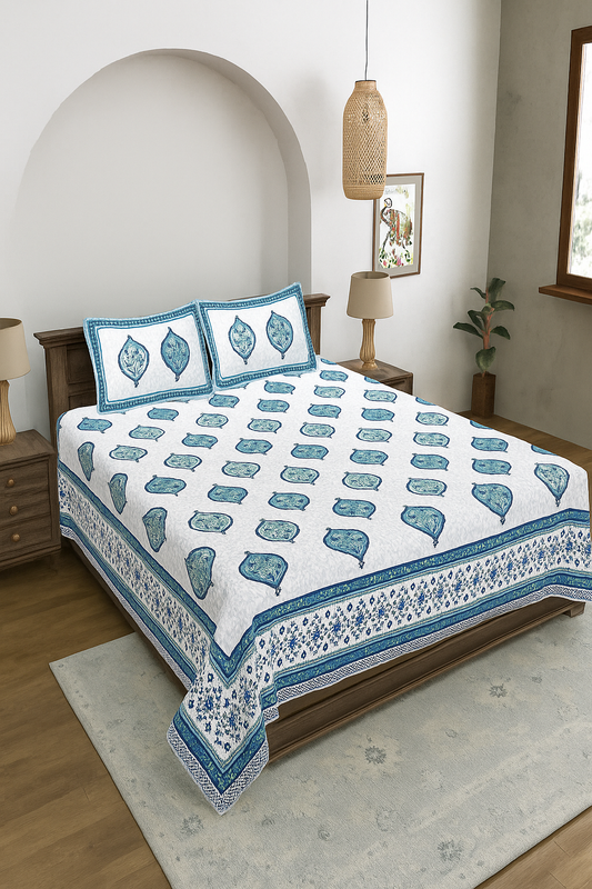 Premium Bagru Motif Double Bedsheet – Screen Print | Soft Cotton | 2 Pillow Covers