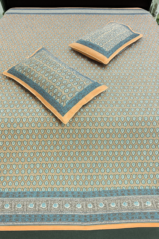Premium Cotton Double Bedsheet with Pillow Covers – Beige & Blue Ethnic Print | Size 100x108 Inches