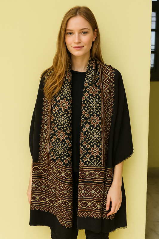 Black Ajrakh Gaji Silk Stole with Floral & Geometric Motifs | Handcrafted Heritage Style